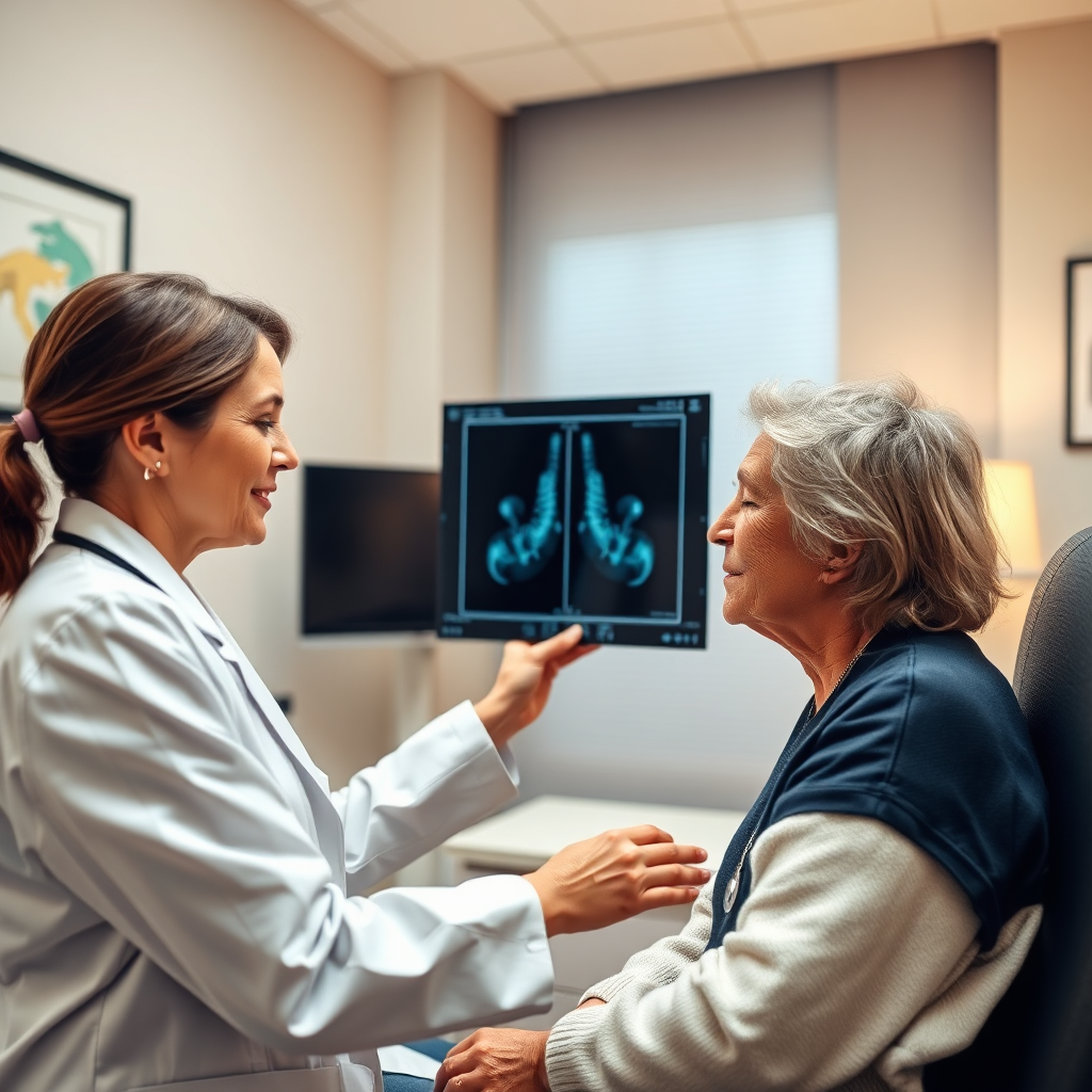 A photorealistic image depicting Dr. Candice Truda consulting with a patient, showcasing her compassionate and attentive approach. The setting is a modern and comfortable examination room. Dr. Truda should be shown explaining an X-ray or scan to the patient, both looking intently at the image. The lighting should be warm and inviting, creating a sense of trust and reassurance. The color palette should include soft, neutral tones with pops of calming blue and green. The camera angle should be at eye level, fostering a sense of connection. Textures should be detailed, highlighting the professional environment and the human connection between doctor and patient. The environment should feel safe, supportive, and focused on patient care. The style should be realistic, aiming for a 4K resolution image that captures the essence of Dr. Truda's dedication to her patients.